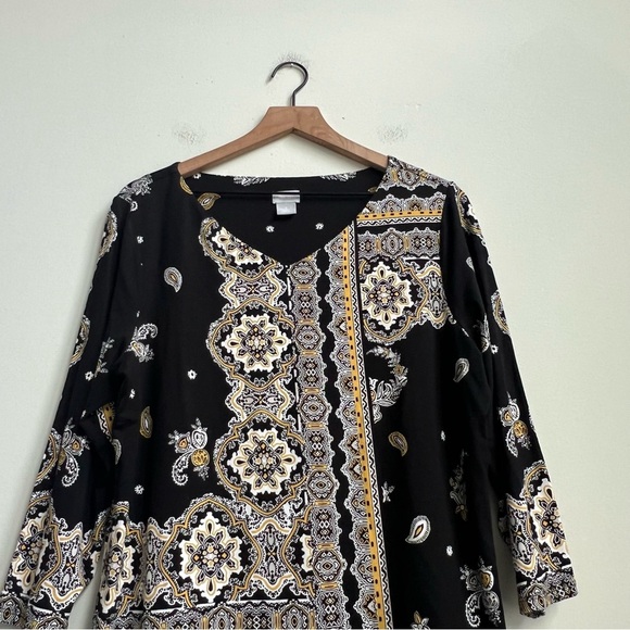 Chicos Womens Top V-neck 3/4 Sleeve Paisley Large Yellow Black Rayon Stretch - Picture 3 of 9
